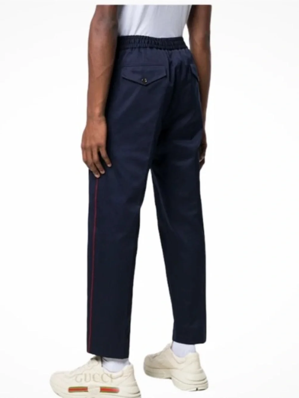 Gucci Navy Drawstring Pants red and blue pipe down side size 48